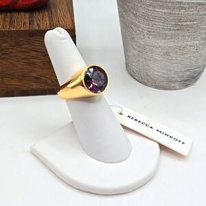 Rebecca Minkoff Shiny Gold Amethyst Crystal Bezel Cocktail Ring Sz. 7